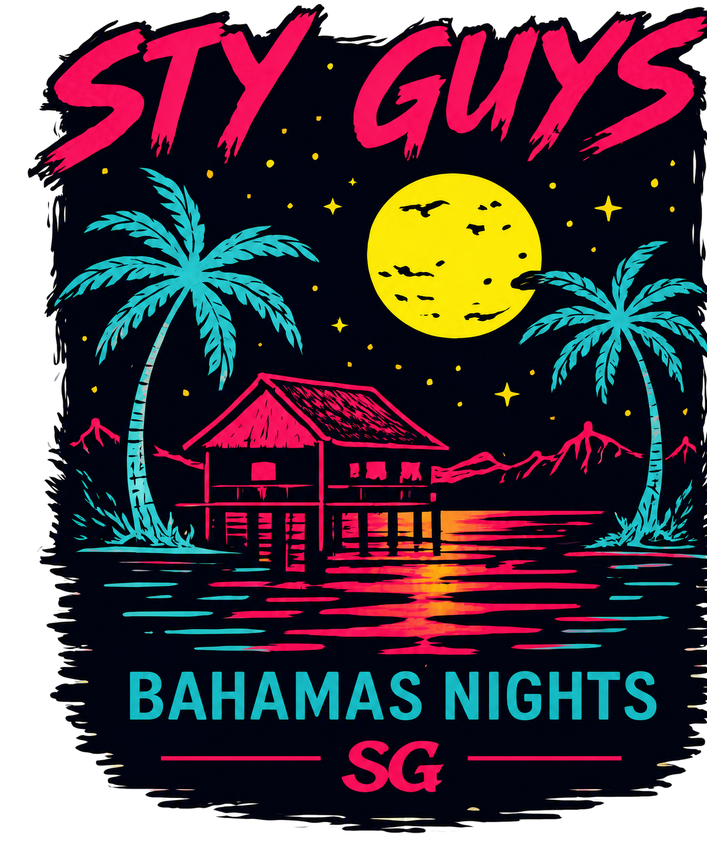 Bahamas Nights moonlit island graphic, Neon colorway — StyGuys Coastal Collection