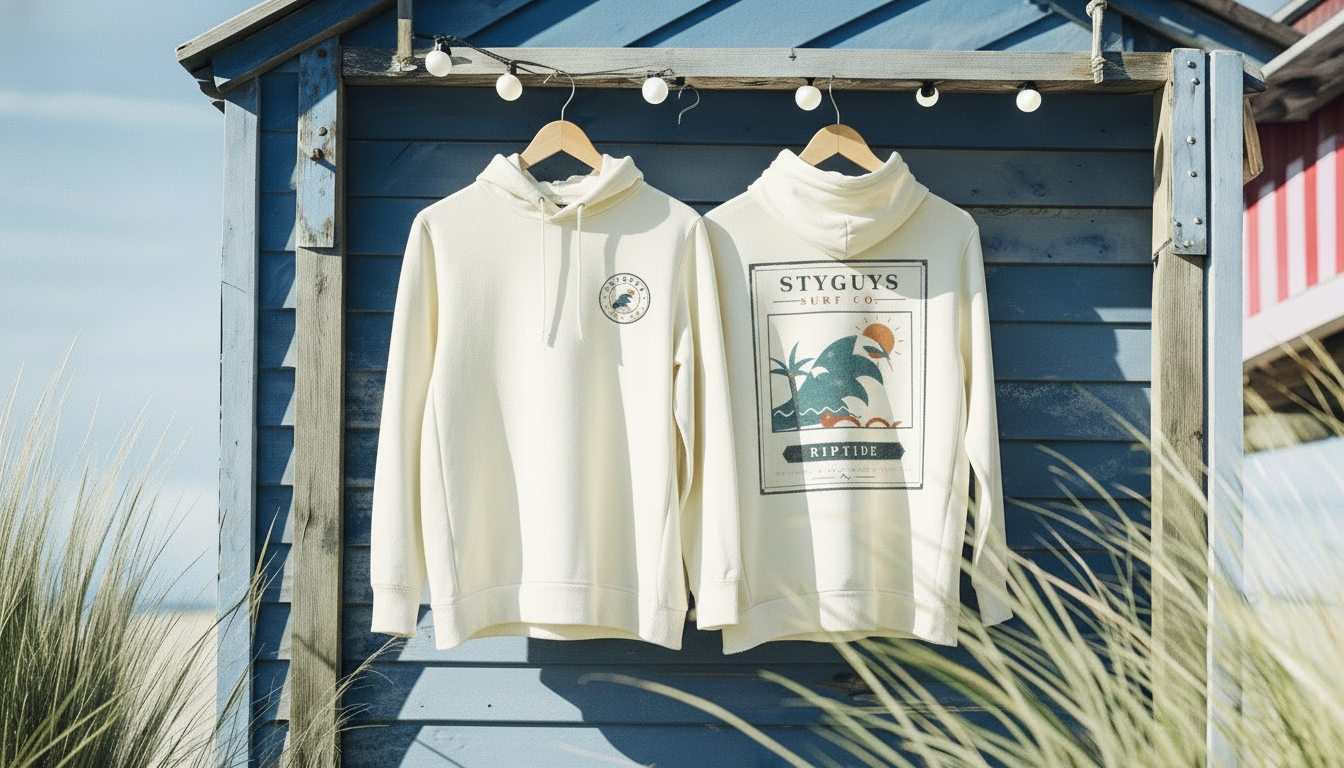 StyGuys Surf Co Riptide hoodies in cream showing chest logo and vintage surf poster back print
