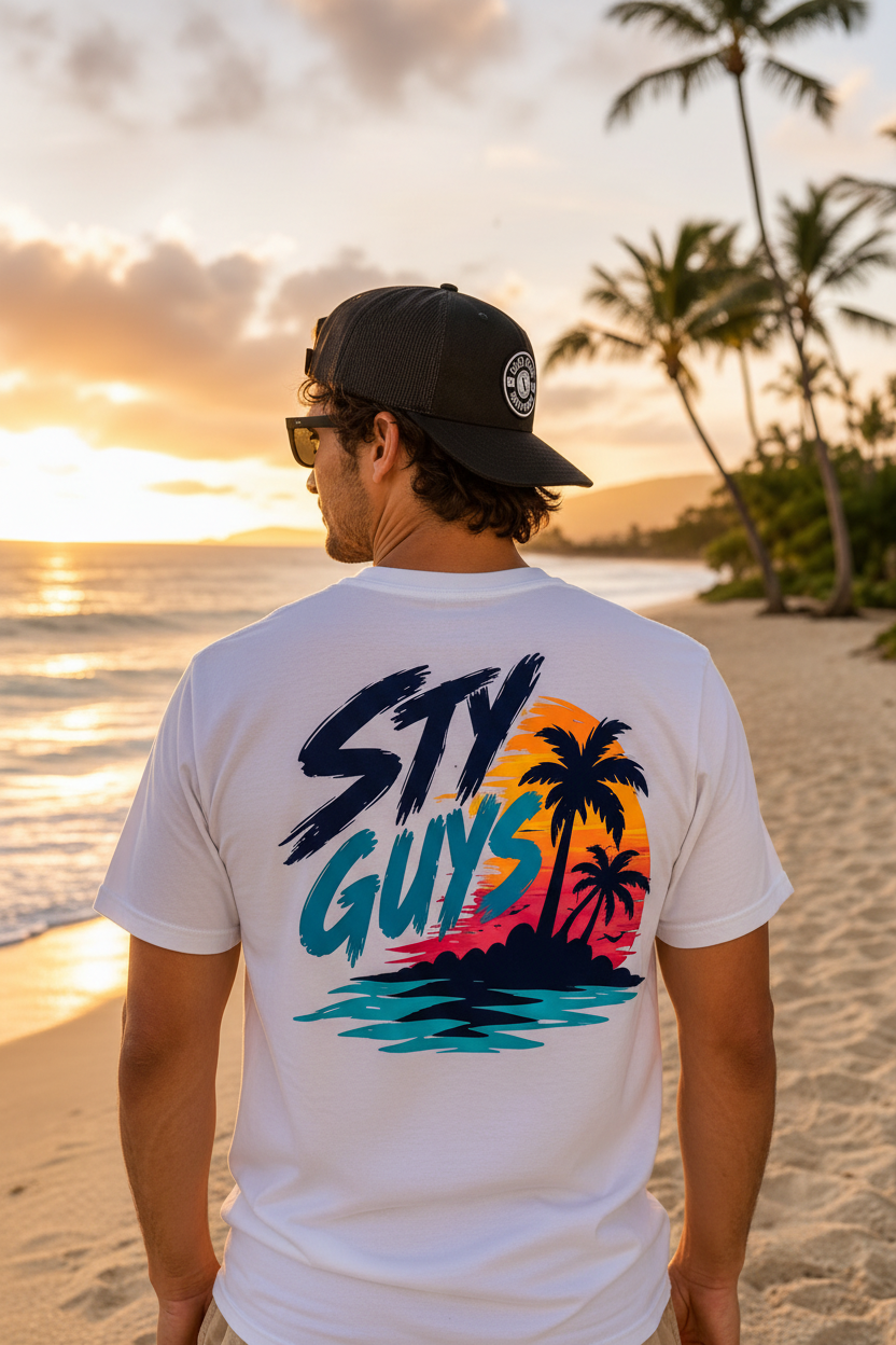 Man on the beach wearing the StyGuys Endless Summer tee with neon sunset palms back print