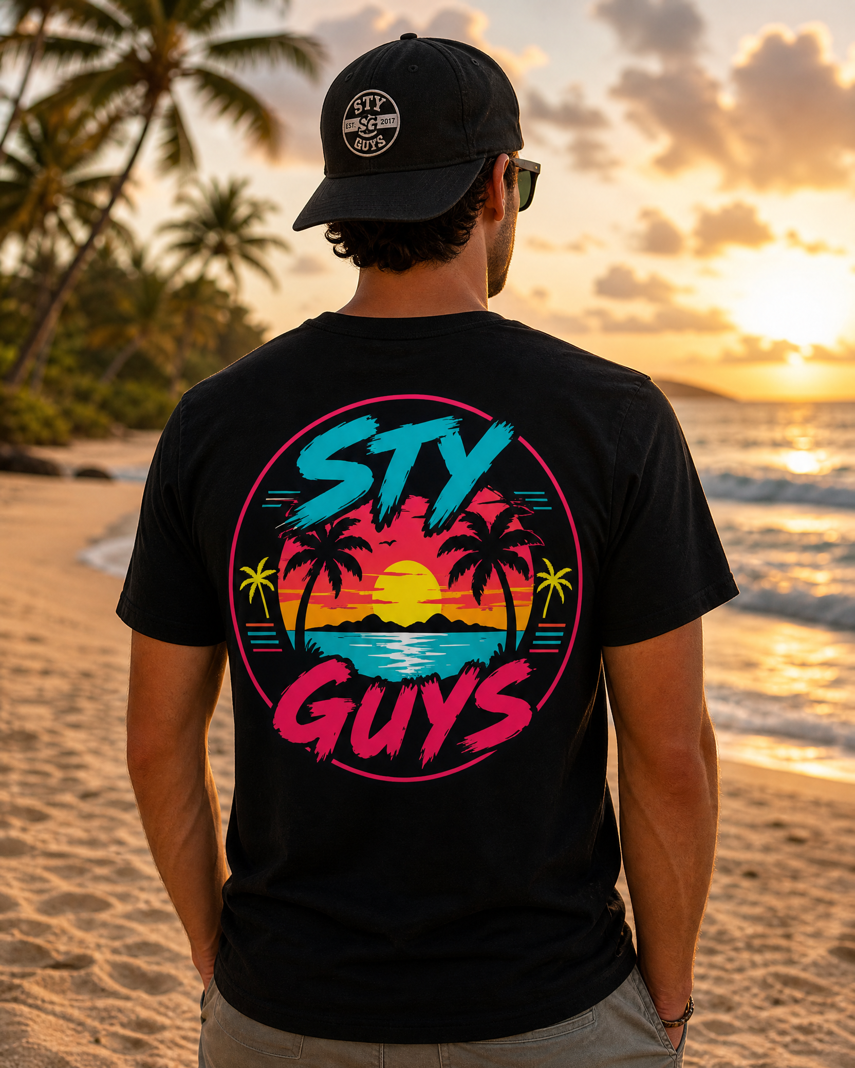 Man wearing the StyGuys Island Crest tee with a full-color island badge back print on the beach