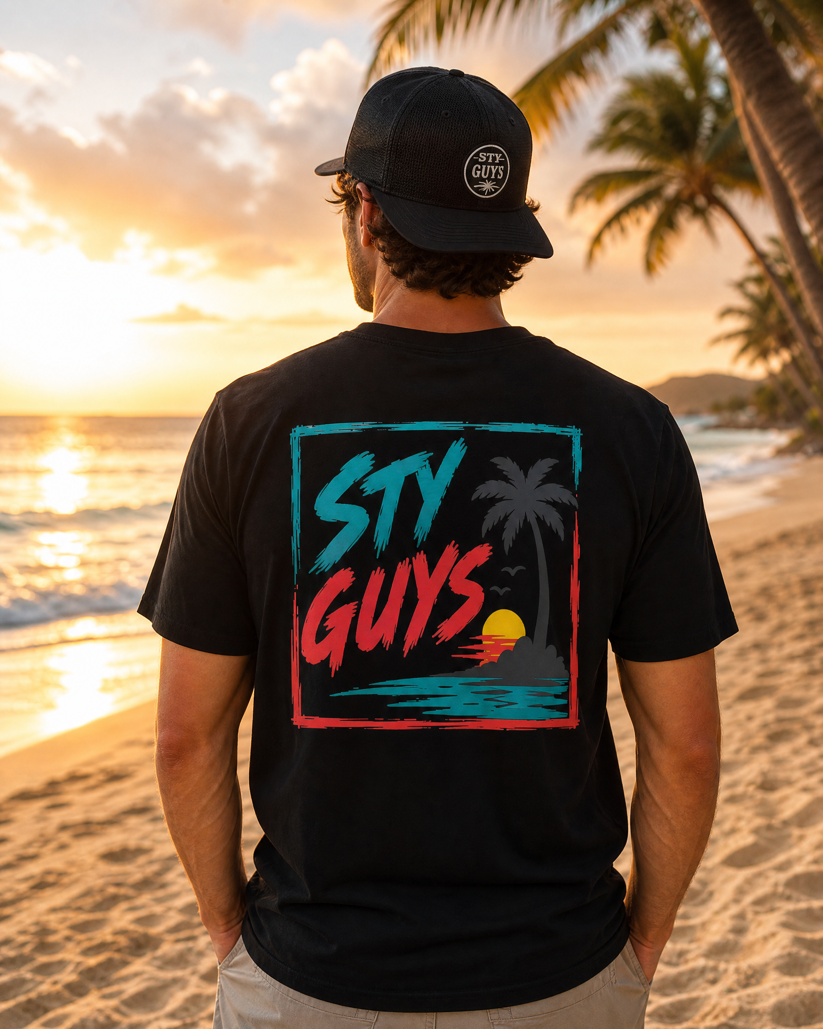 Man on the beach wearing the StyGuys Lone Palm tee with a minimal palm frame design