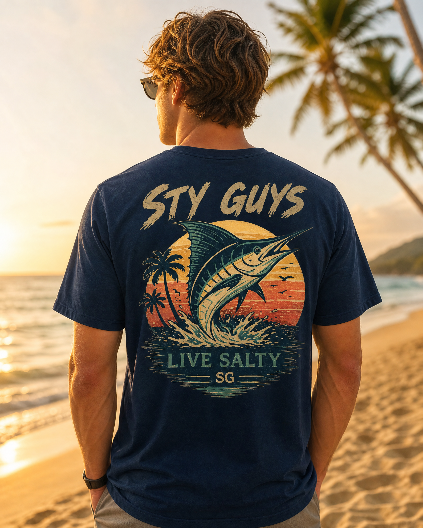 Man wearing the Live Salty tee, Beach colorway, with a leaping marlin back print