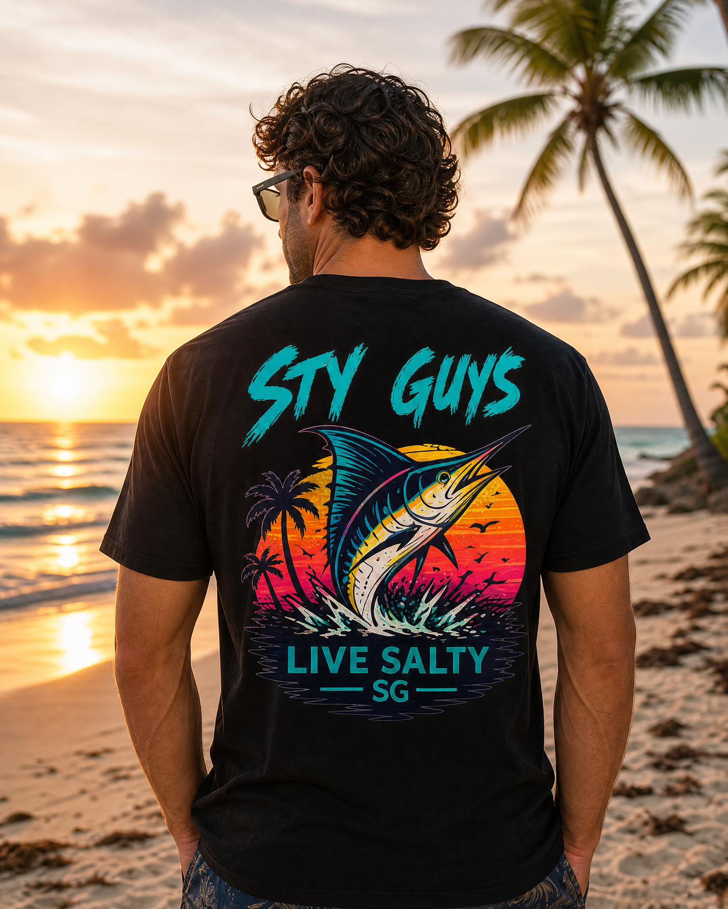 Man wearing the Live Salty tee, Neon colorway, with a leaping marlin back print