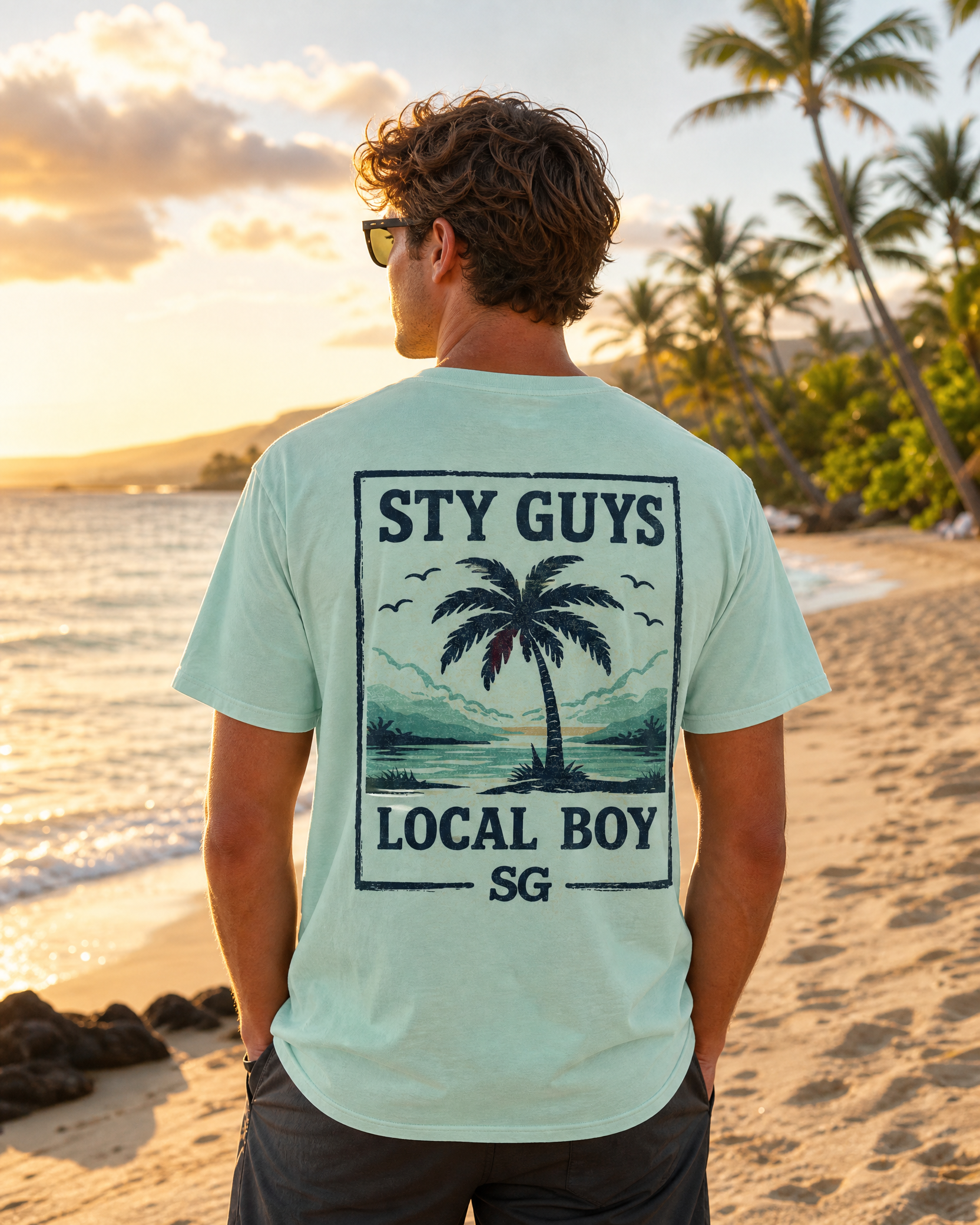 Man wearing the Local Boy tee, Beach colorway, framed palms back print