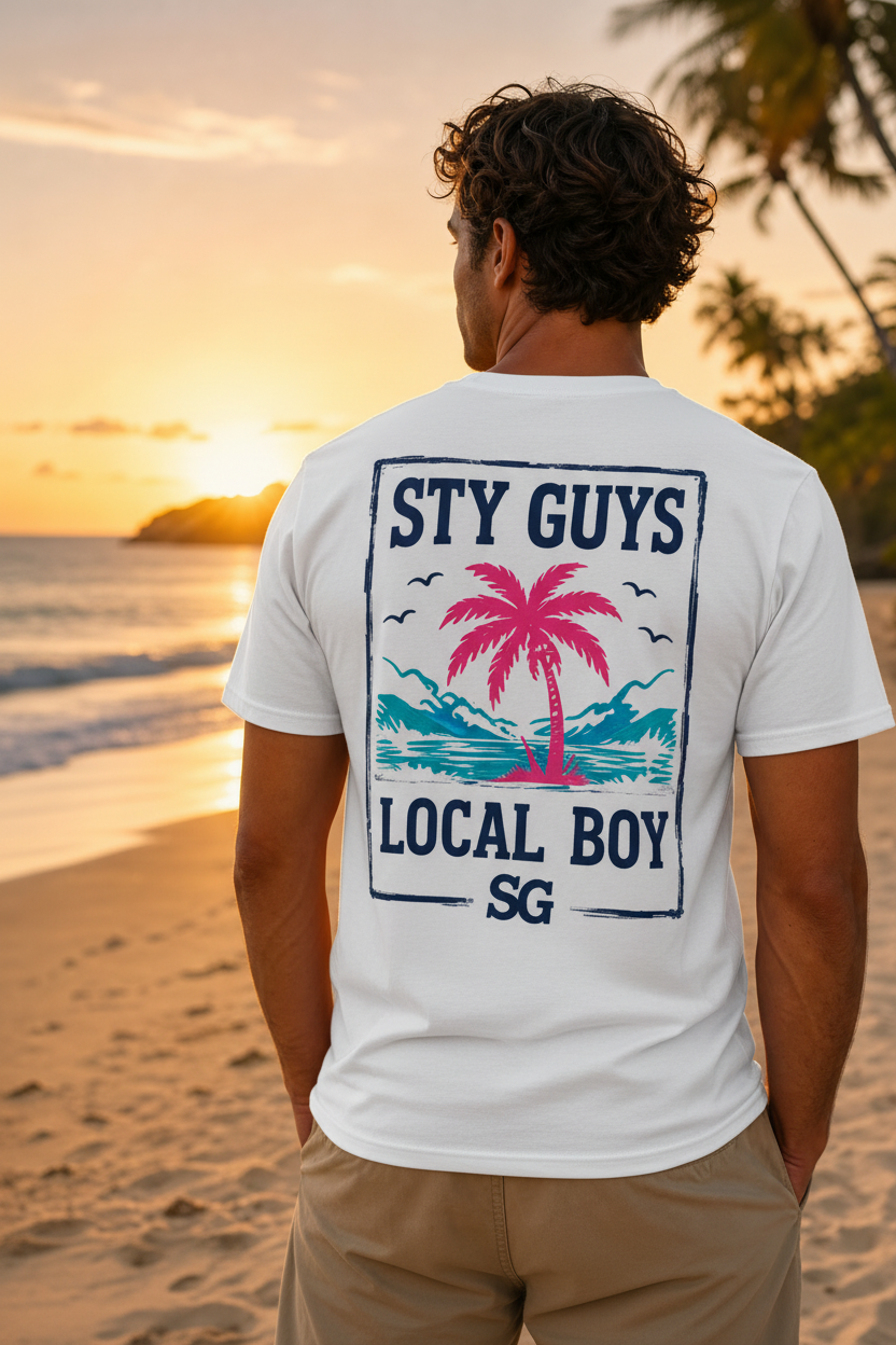 Man wearing the Local Boy tee, Neon colorway, framed palms back print
