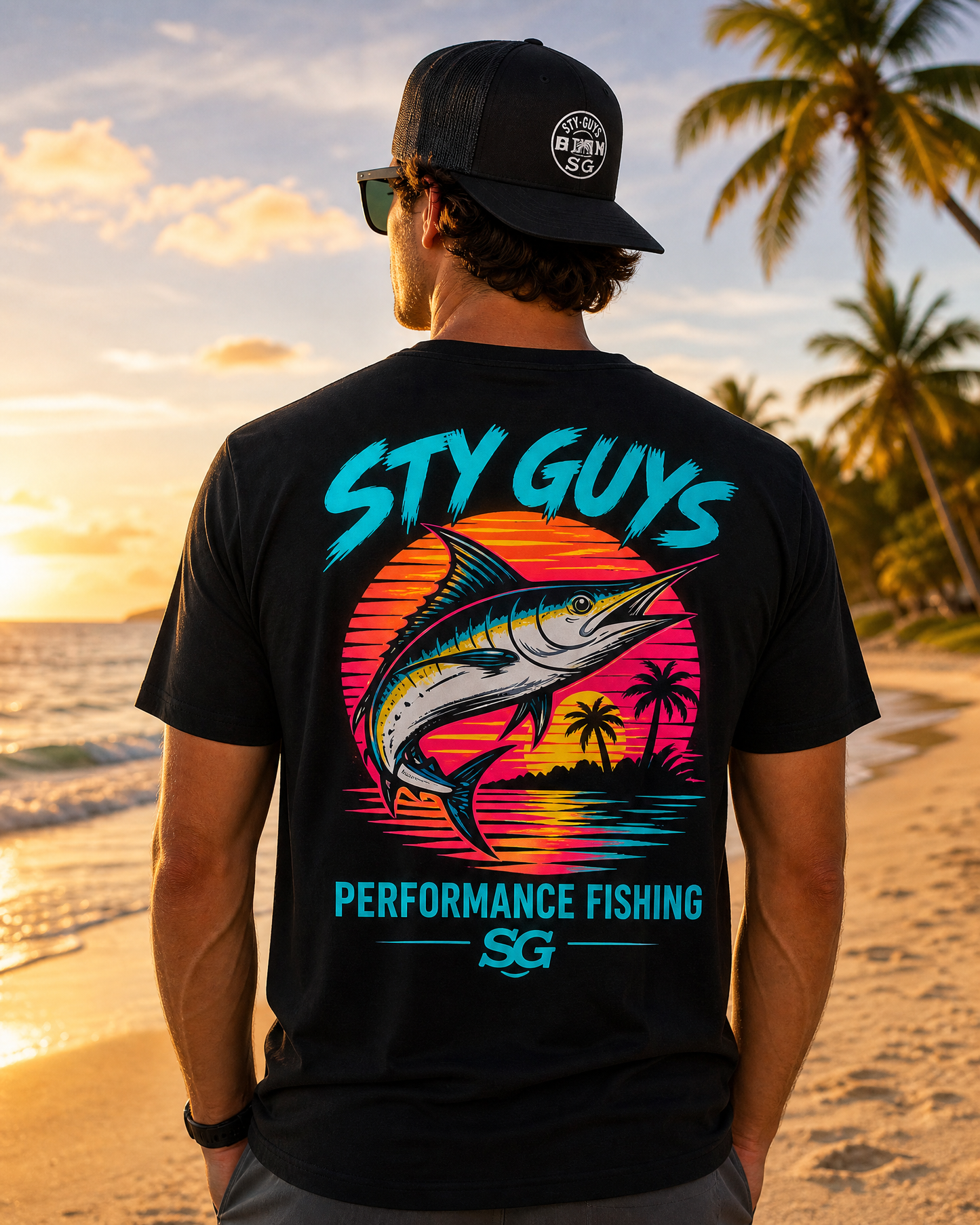 Man wearing the Tight Lines tee, Neon colorway, with a sailfish back print