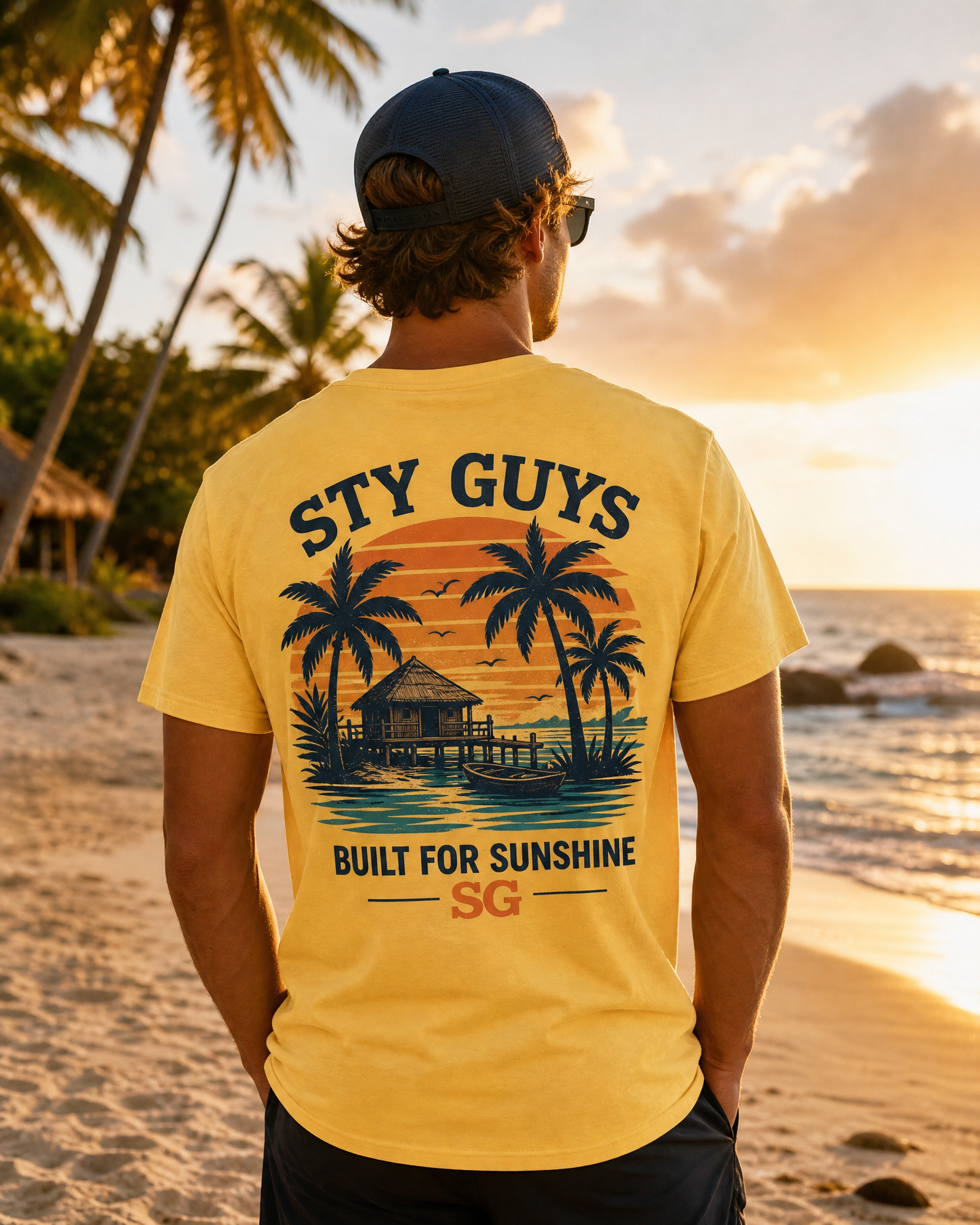 Man wearing the Built for Sunshine tee, Beach colorway, hammock and palms back print