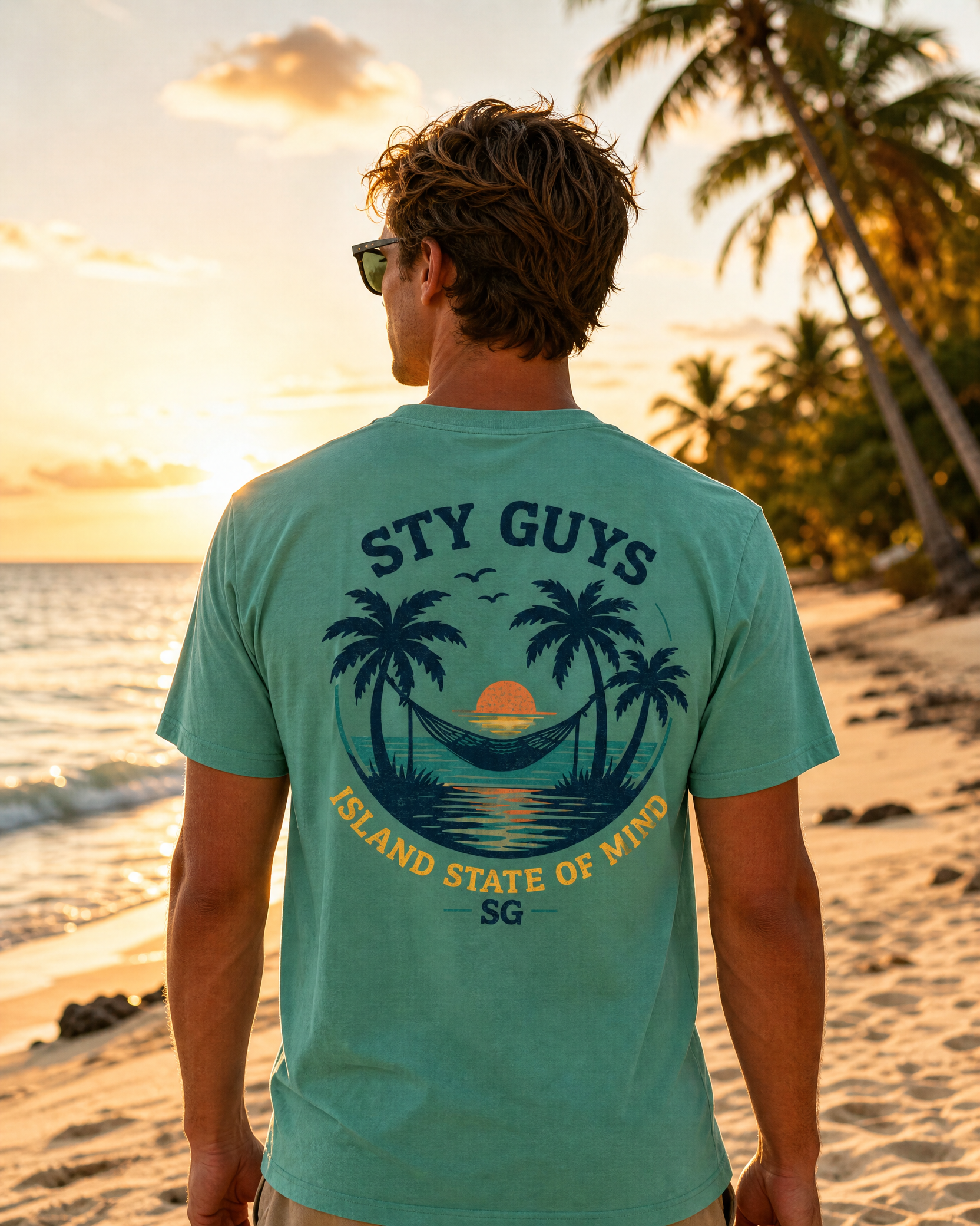 Man wearing the Island State of Mind tee, Beach colorway, sunrise hammock back print