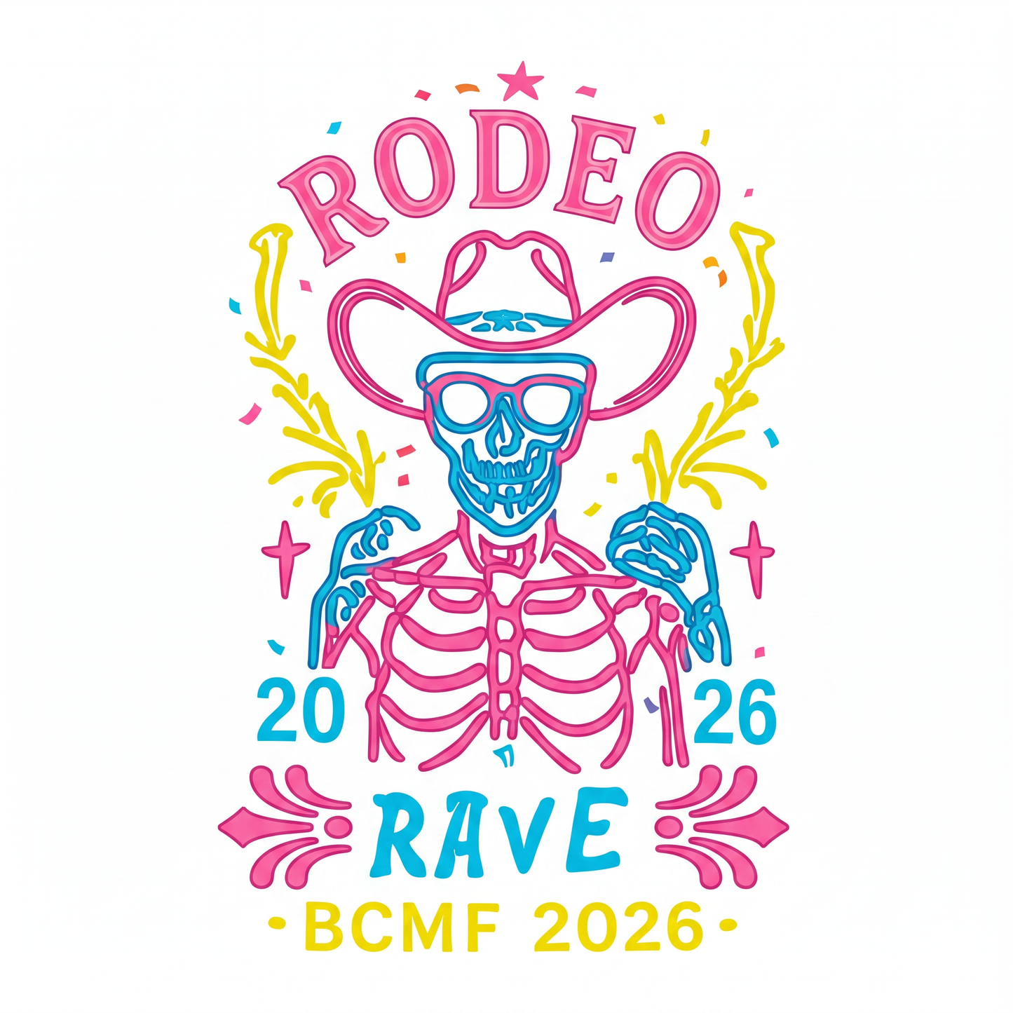 Rodeo Rave BCMF 2026 neon skeleton cowboy back print artwork