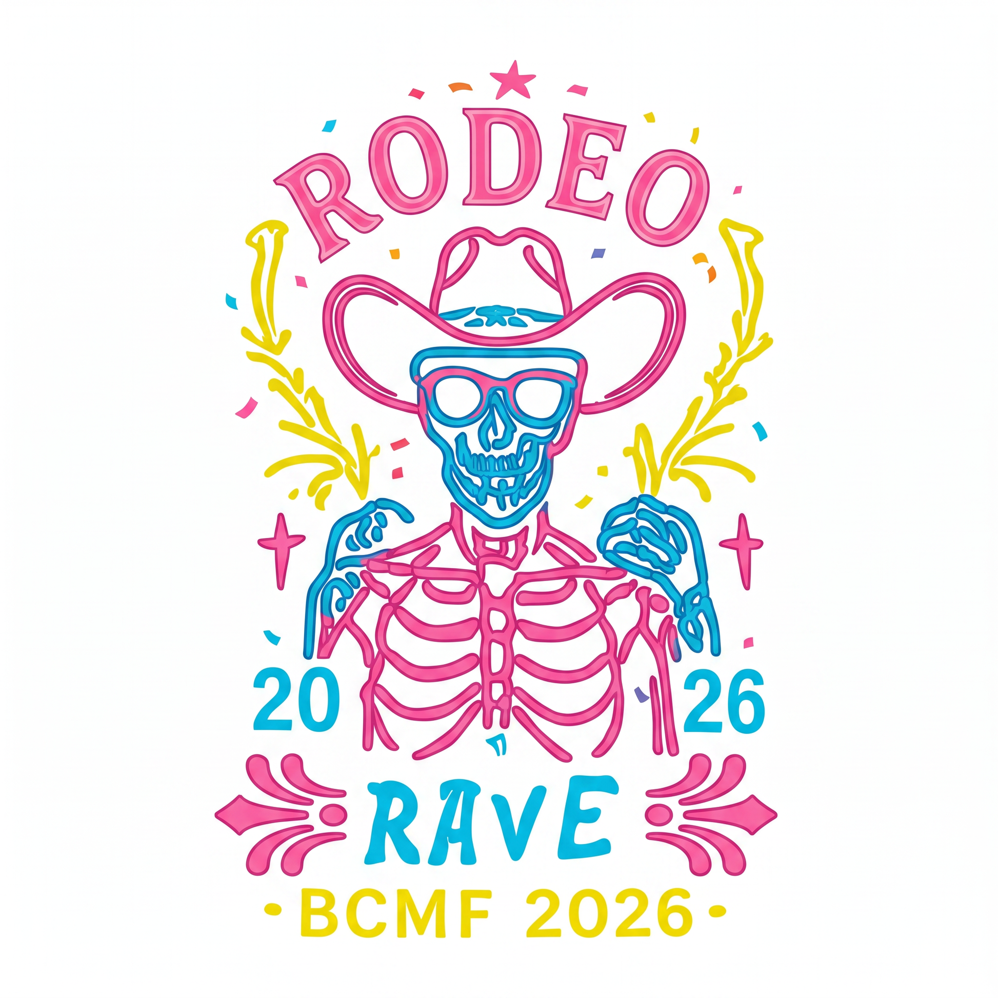 Rodeo Rave BCMF 2026 neon skeleton cowboy back print artwork