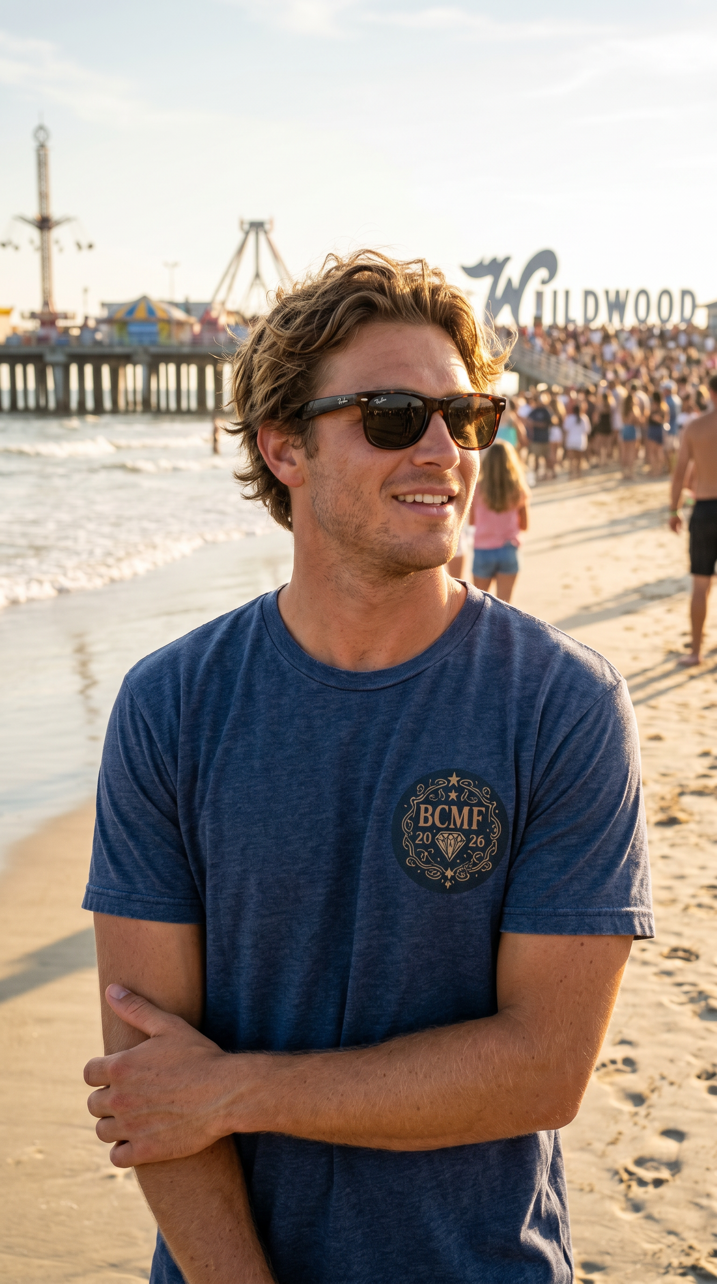 Man wearing navy Diamonds & Denim emblem tee on Wildwood beach at golden hour