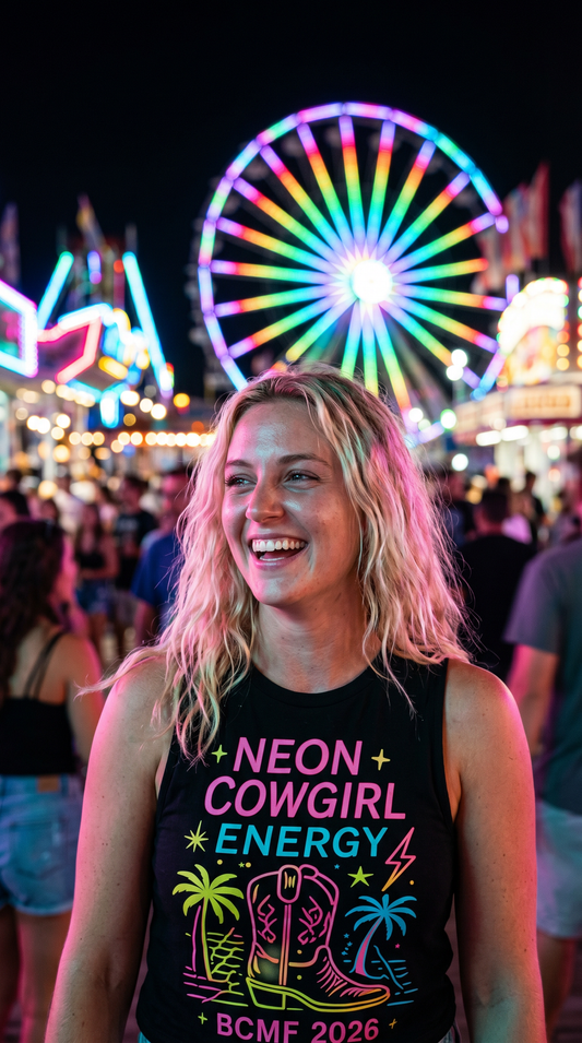 Woman wearing Neon Cowgirl Energy black tank at night with ferris wheel lights