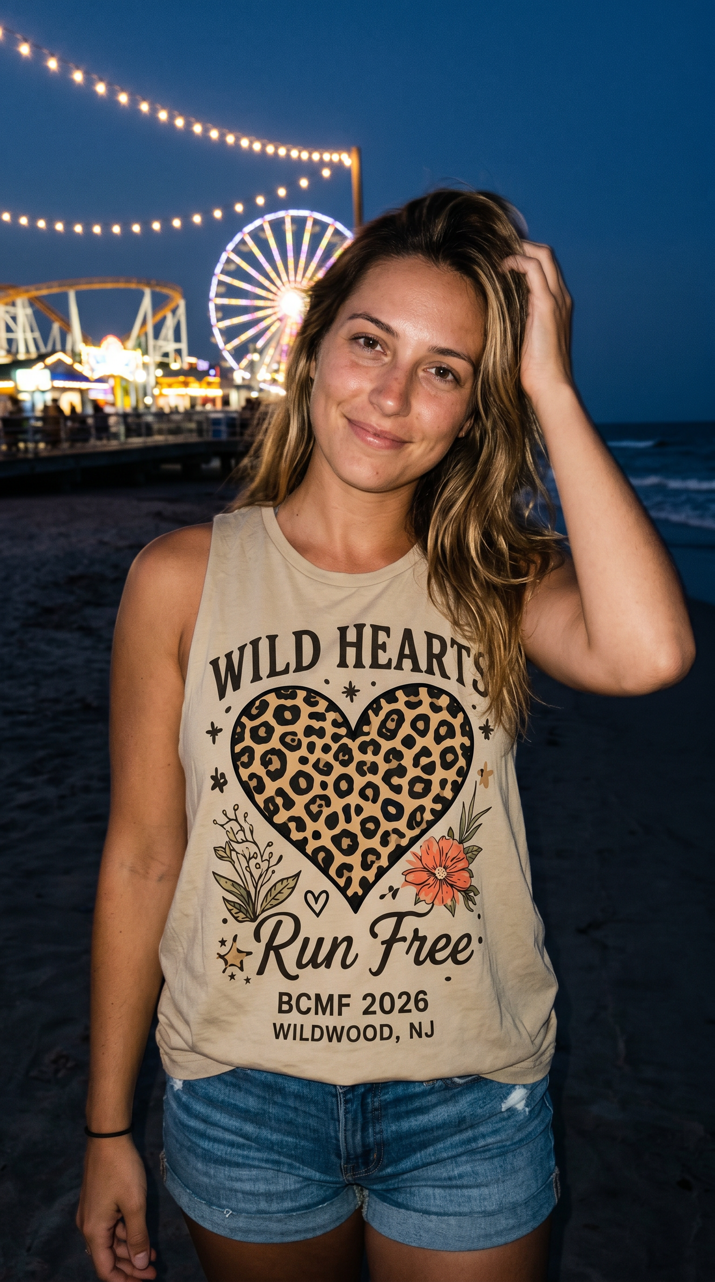 Woman wearing Wild Hearts Run Free sand tank at dusk on Wildwood beach